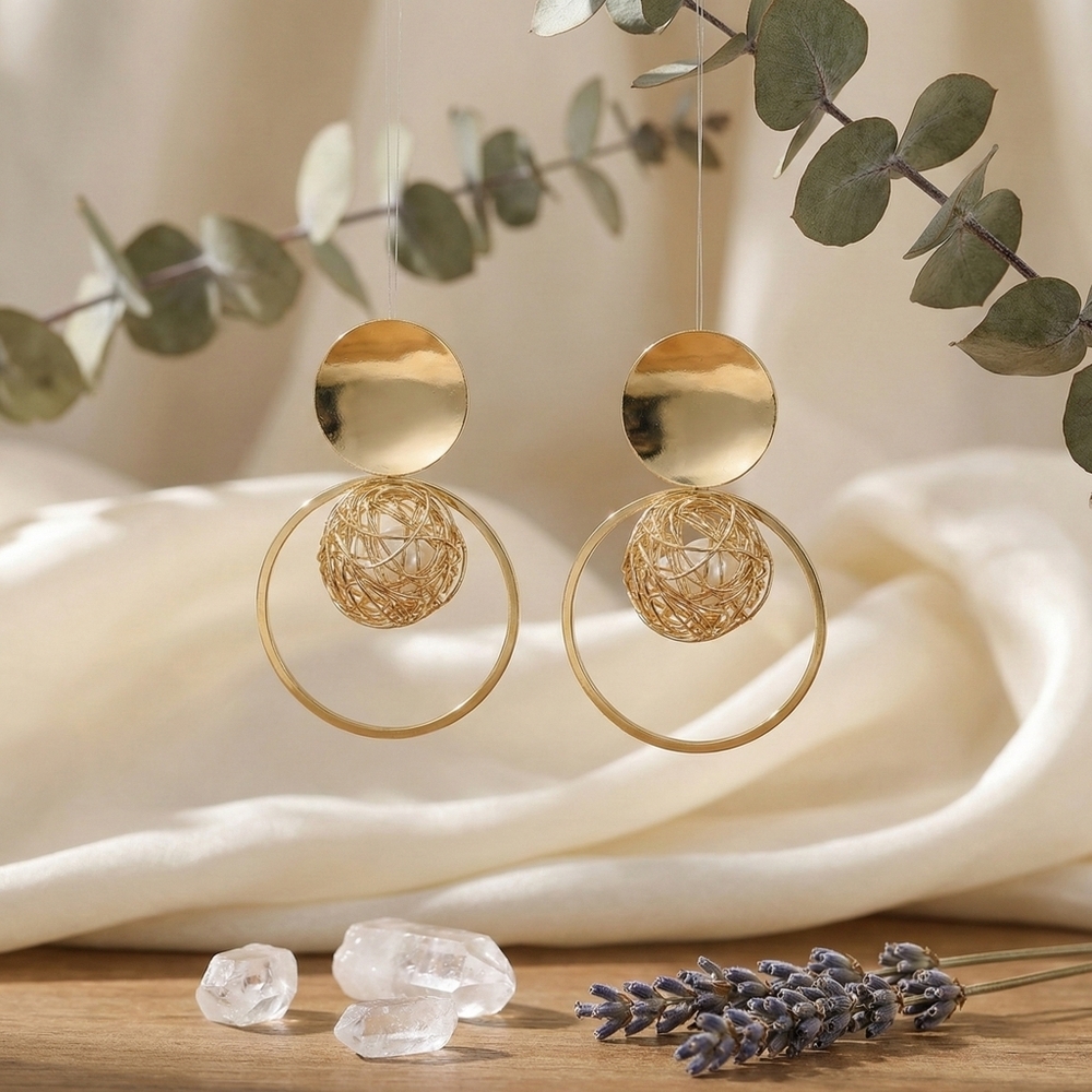 Gold Plated Wire Mesh Faux Pearl Sphere Statement Drop Earrings Geometric Chic - Picture 10 of 15